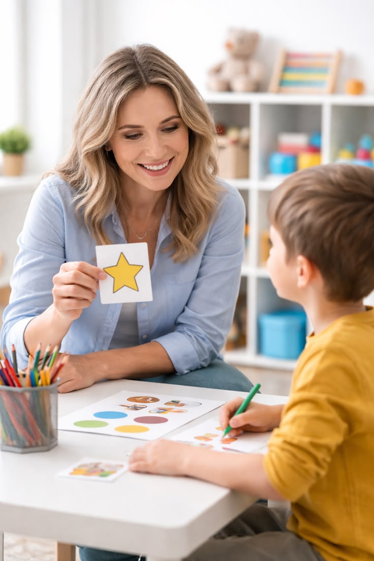 Profissional conduz atividade com criança usando um cartão ilustrado com estrela.
